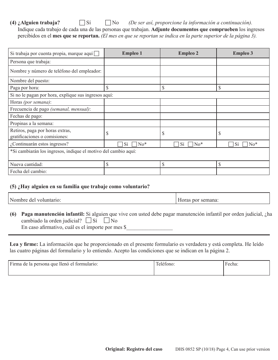 Formulario DHS0852 Informe De Cambio Provisorio Para El Programa De Asistencia De Nutricion Suplementaria (Snap) - Oregon (Spanish), Page 4