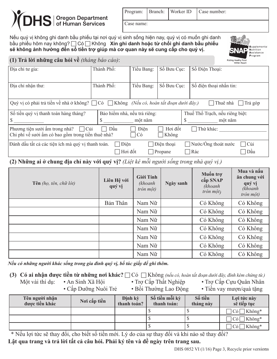 Form DHS0852 Interim Change Report for Supplemental Nutrition Assistance Program (Snap) - Oregon (Vietnamese), Page 3