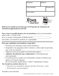 Formulario DHS0852 Informe De Cambio Provisorio Para El Programa De Asistencia De Nutricion Suplementaria (Snap) - Letra Grande - Oregon (Spanish)