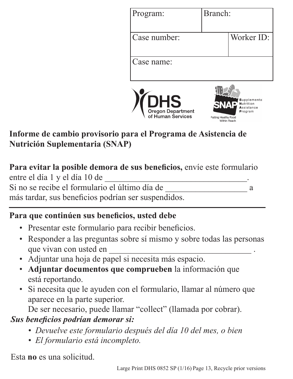 Formulario DHS0852 Informe De Cambio Provisorio Para El Programa De Asistencia De Nutricion Suplementaria (Snap) - Letra Grande - Oregon (Spanish), Page 1