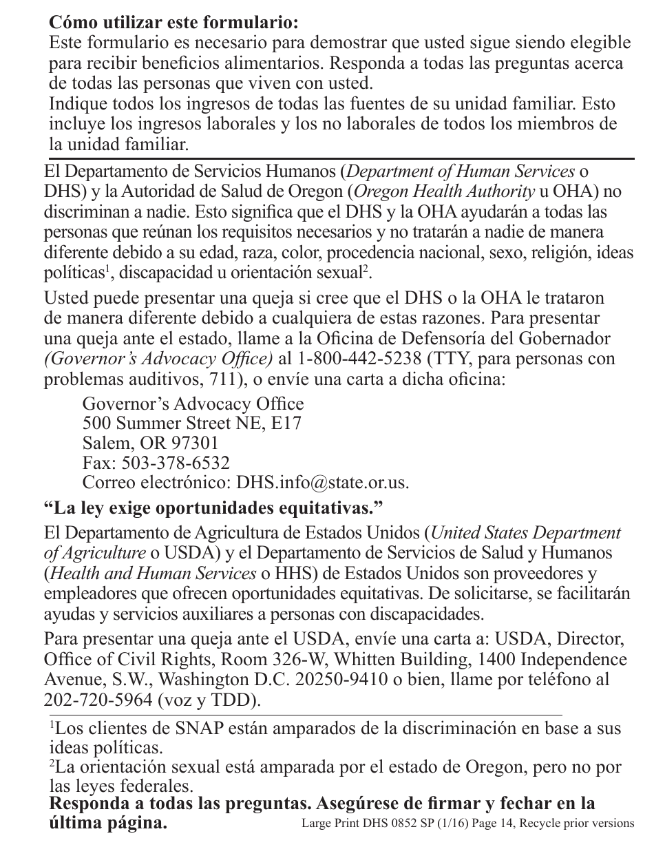 Formulario DHS0852 Informe De Cambio Provisorio Para El Programa De Asistencia De Nutricion Suplementaria (Snap) - Letra Grande - Oregon (Spanish), Page 2