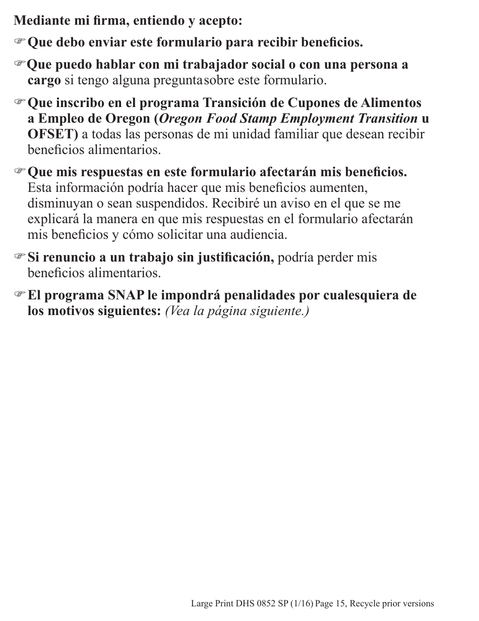 Formulario DHS0852 Informe De Cambio Provisorio Para El Programa De Asistencia De Nutricion Suplementaria (Snap) - Letra Grande - Oregon (Spanish), Page 3