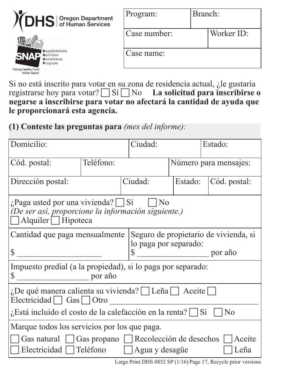 Formulario DHS0852 Informe De Cambio Provisorio Para El Programa De Asistencia De Nutricion Suplementaria (Snap) - Letra Grande - Oregon (Spanish), Page 5