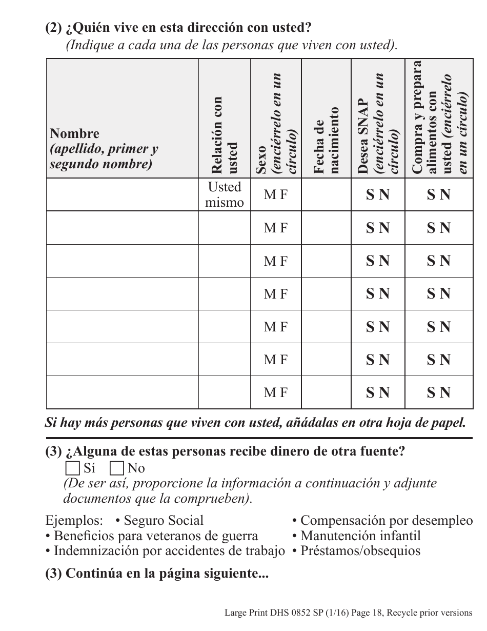 Formulario DHS0852 Informe De Cambio Provisorio Para El Programa De Asistencia De Nutricion Suplementaria (Snap) - Letra Grande - Oregon (Spanish), Page 6