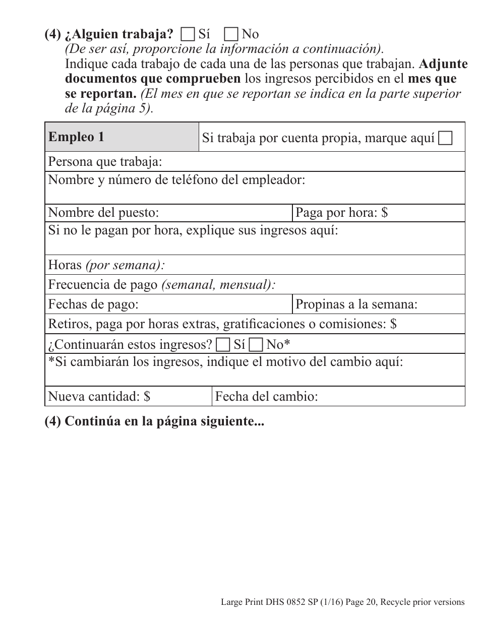 Formulario DHS0852 Informe De Cambio Provisorio Para El Programa De Asistencia De Nutricion Suplementaria (Snap) - Letra Grande - Oregon (Spanish), Page 8