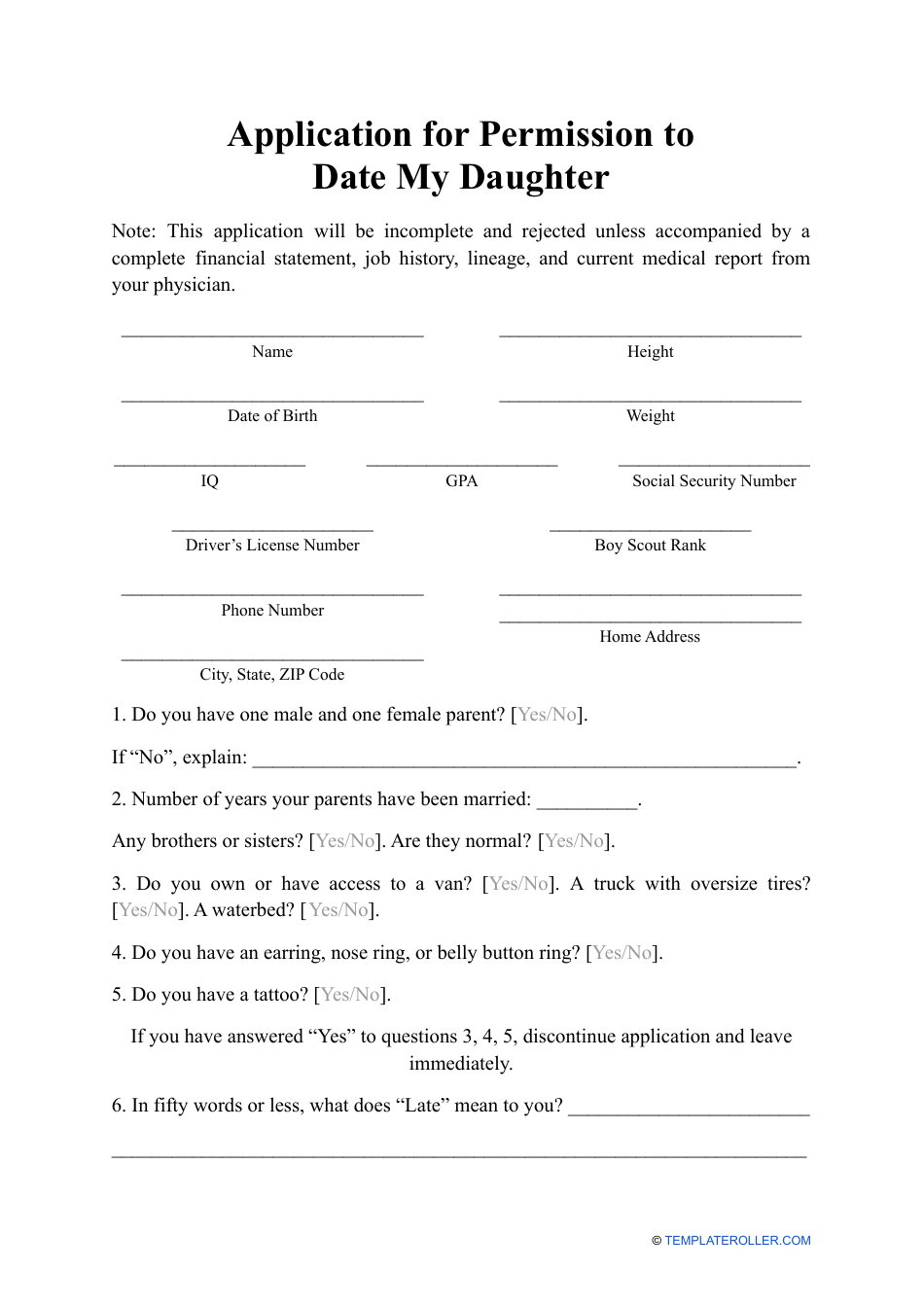 Application for Permission to Date My Daughter Download Printable PDF