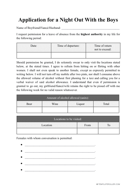 Photo of an "Application for a Night out With the Boys" document