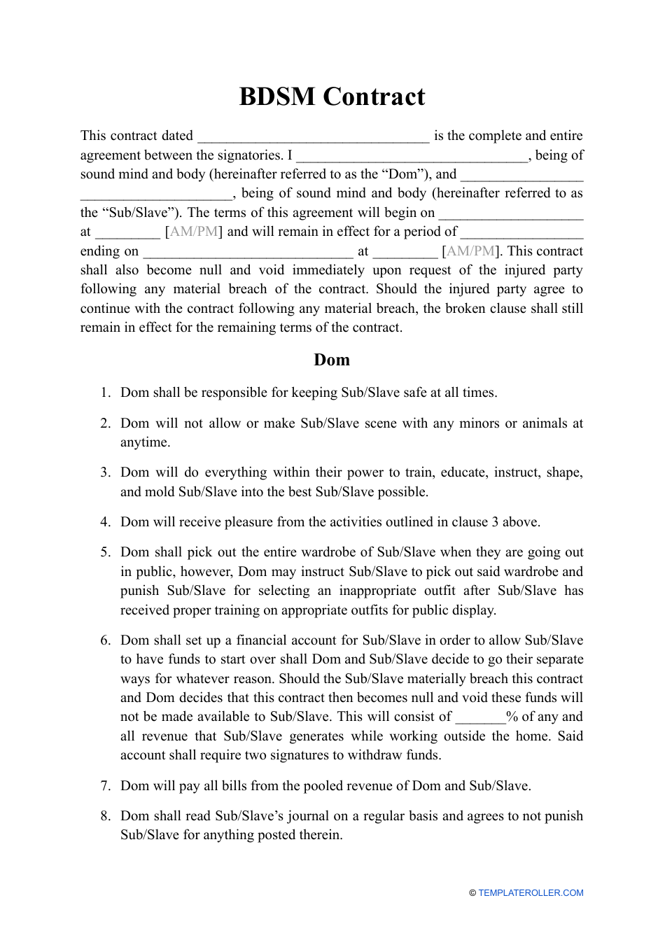 Bdsm Contract Template, Page 1