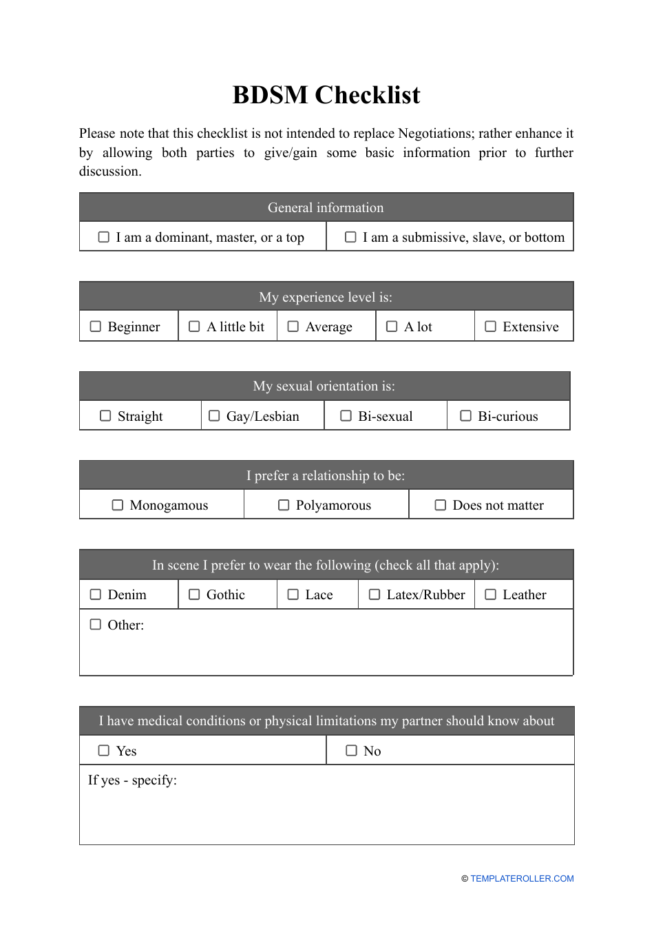 BDSM Checklist Template - Free to Download and Use