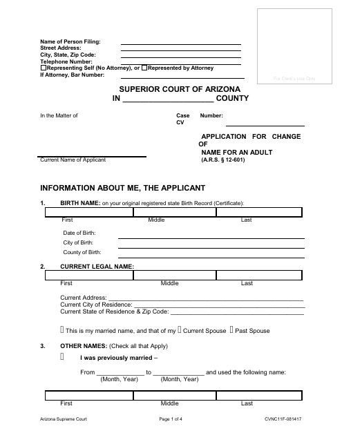 Form CVNC11F Application for Change of Name for an Adult - Arizona