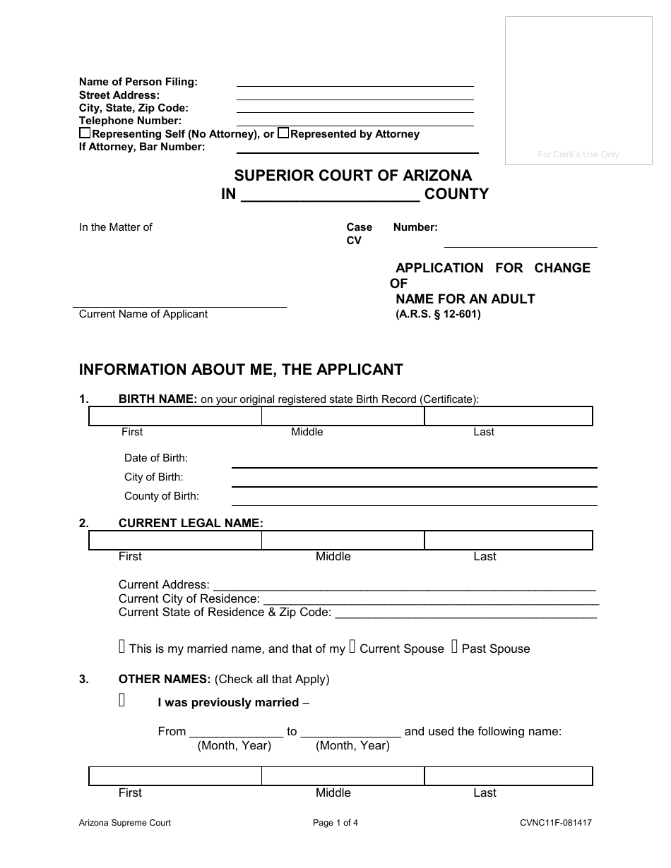Form CVNC11F Application for Change of Name for an Adult - Arizona, Page 1