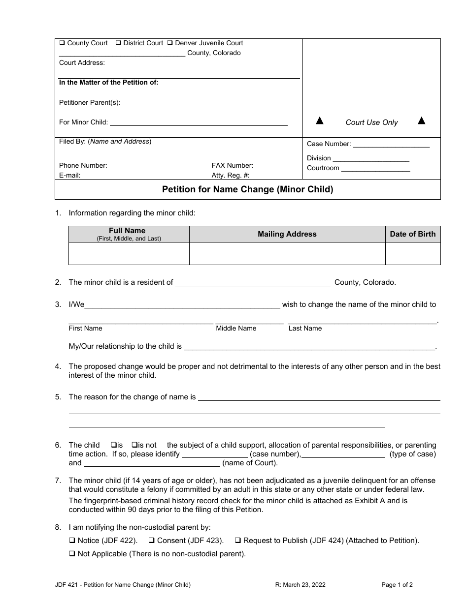 Form JDF421 Petition for Name Change (Minor Child) - Colorado, Page 1