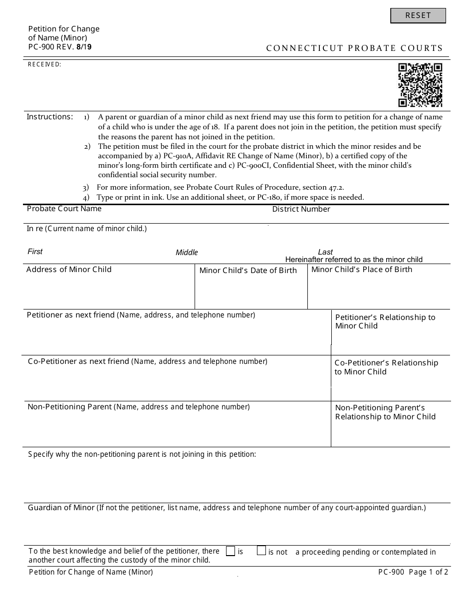 Form PC-900 Petition for Change of Name (Minor) - Connecticut, Page 1