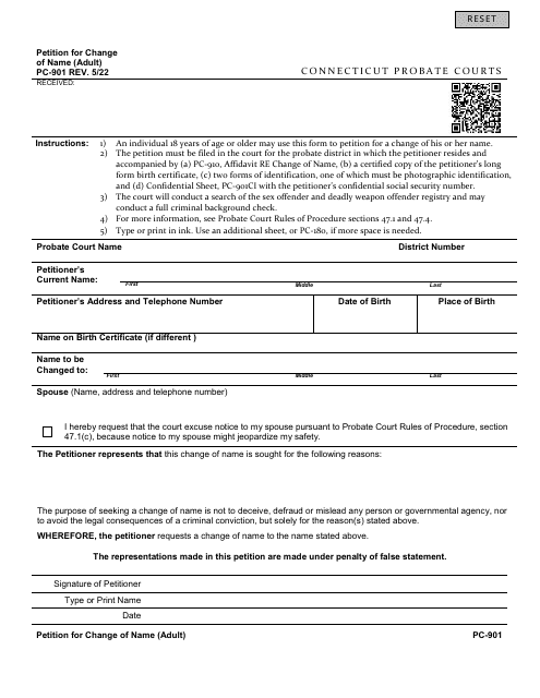 Form PC-901 Petition for Change of Name (Adult) - Connecticut