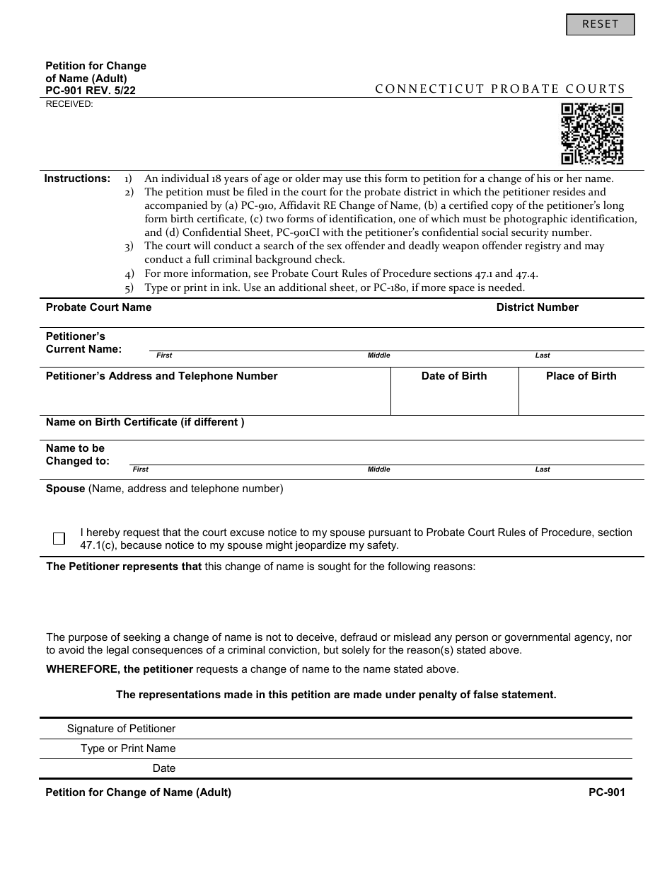Form PC-901 Petition for Change of Name (Adult) - Connecticut, Page 1
