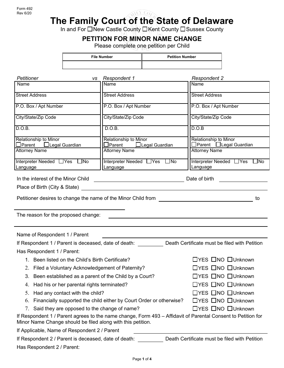 Form 492 Petition for Minor Name Change - Delaware, Page 1