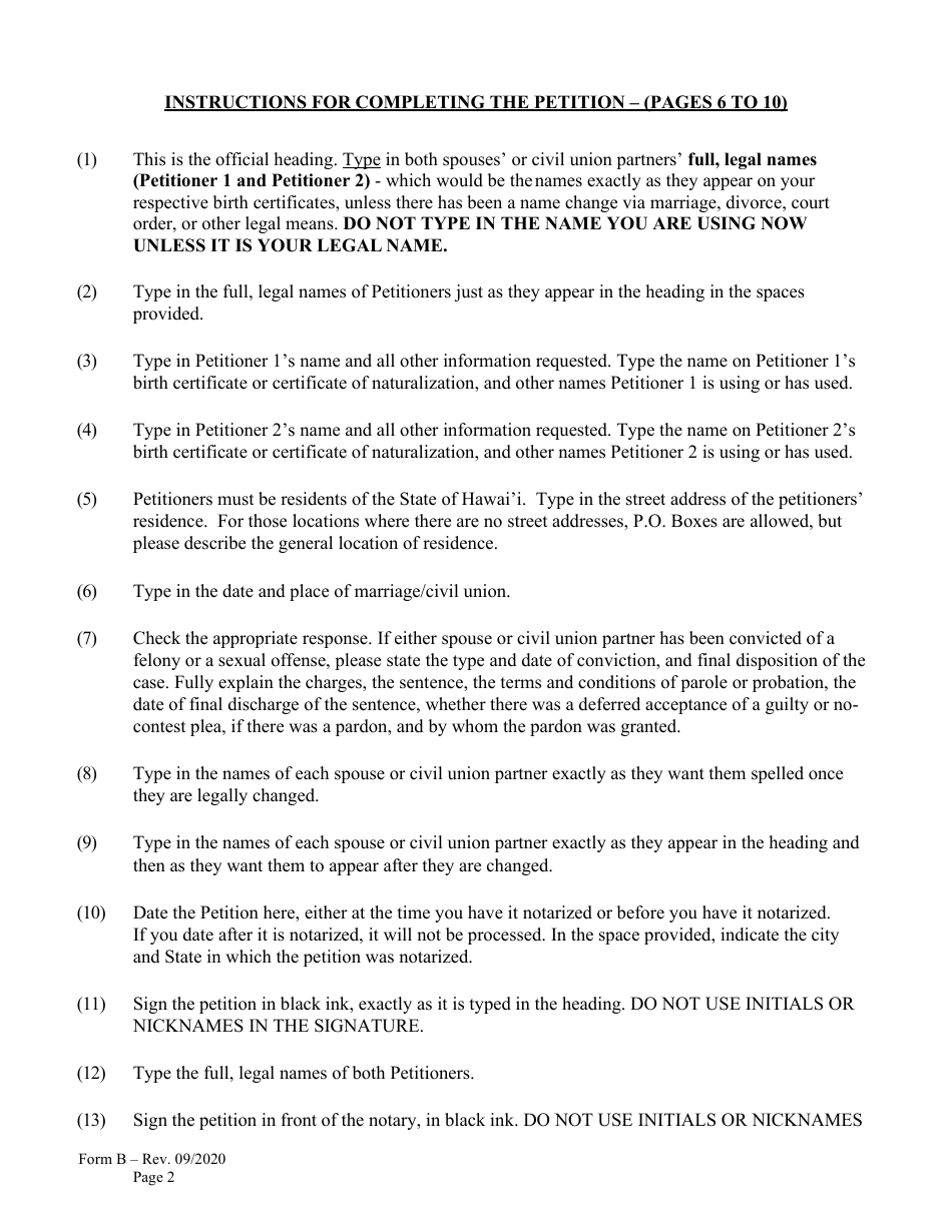 Form B Name Change for Couple - Hawaii, Page 2
