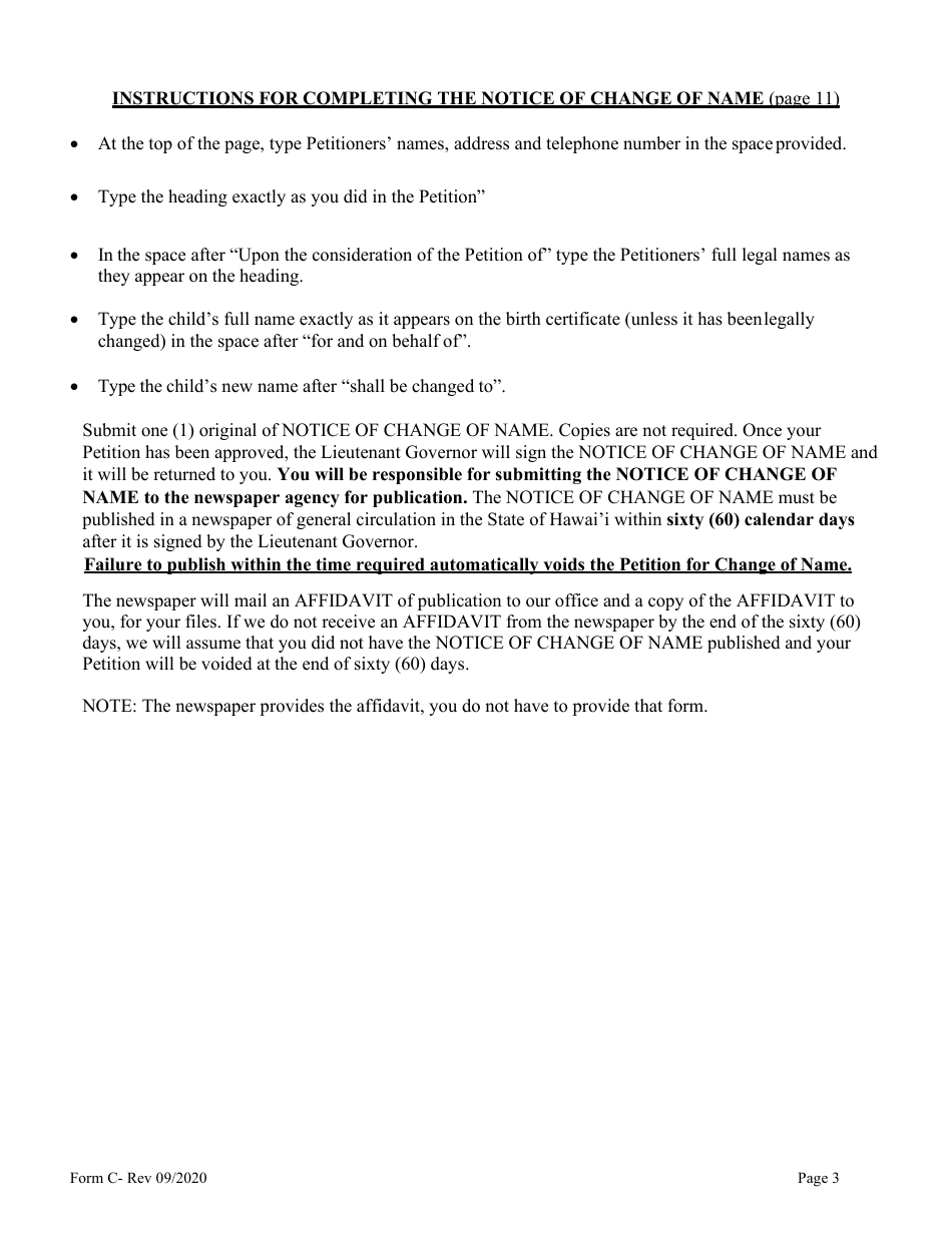 Form C Name Change of Minor by Both Parents or Legal Guardian - Hawaii, Page 3