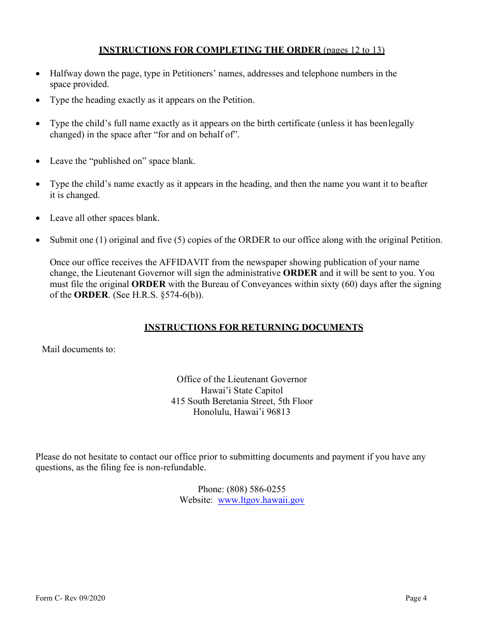 Form C Name Change of Minor by Both Parents or Legal Guardian - Hawaii, Page 4