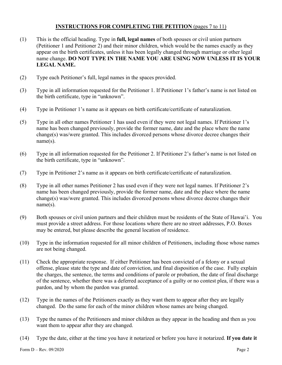 Form D Name Change for Family - Hawaii, Page 2