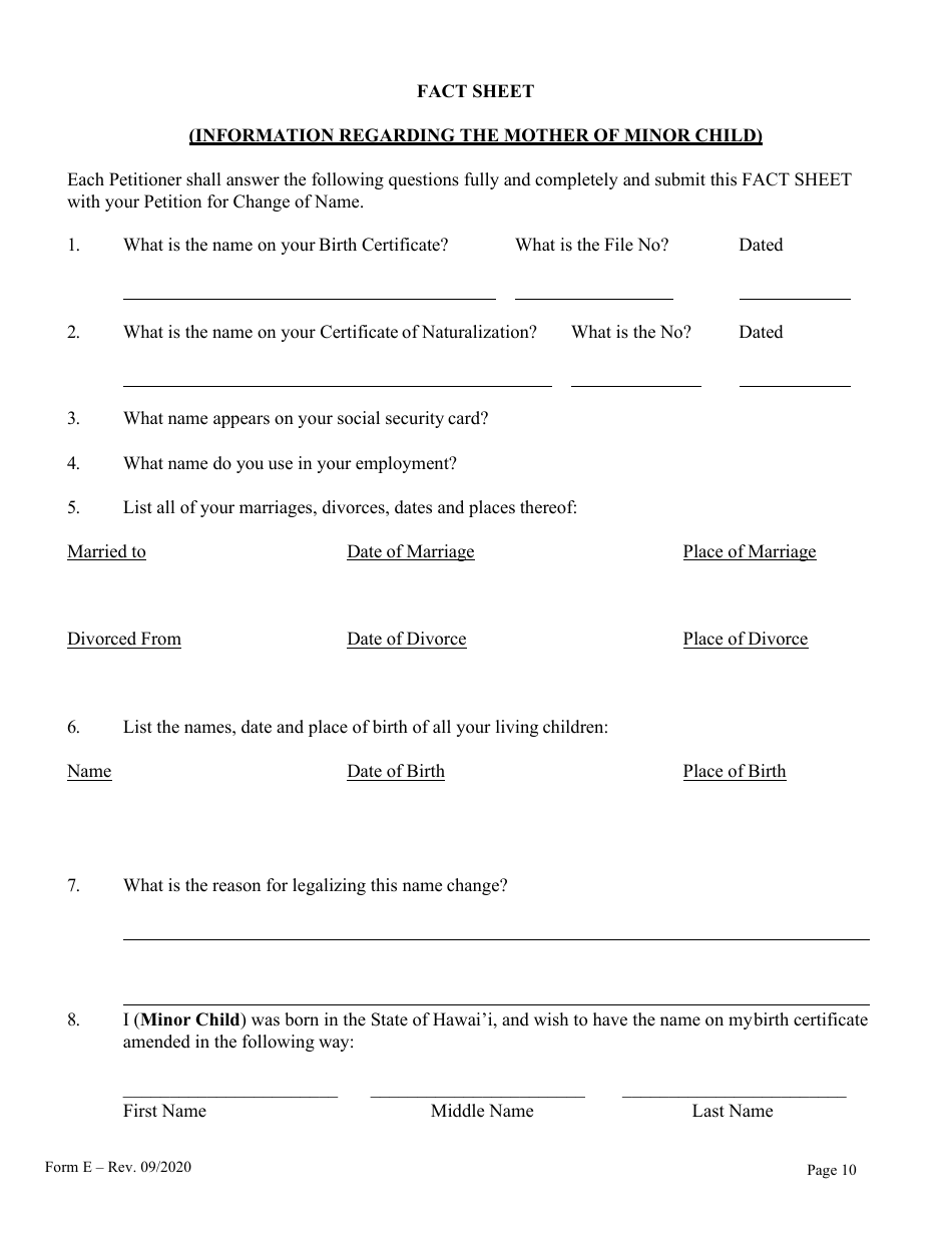Form E Name Change of a Minor by One Parent With the Notarized Consent of the Other Parent - Hawaii, Page 11