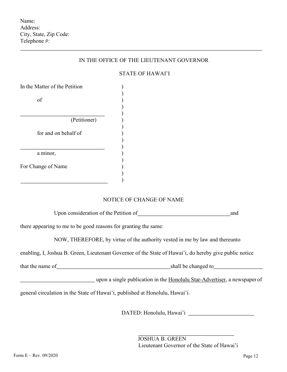 Form E Name Change of a Minor by One Parent With the Notarized Consent of the Other Parent - Hawaii, Page 13