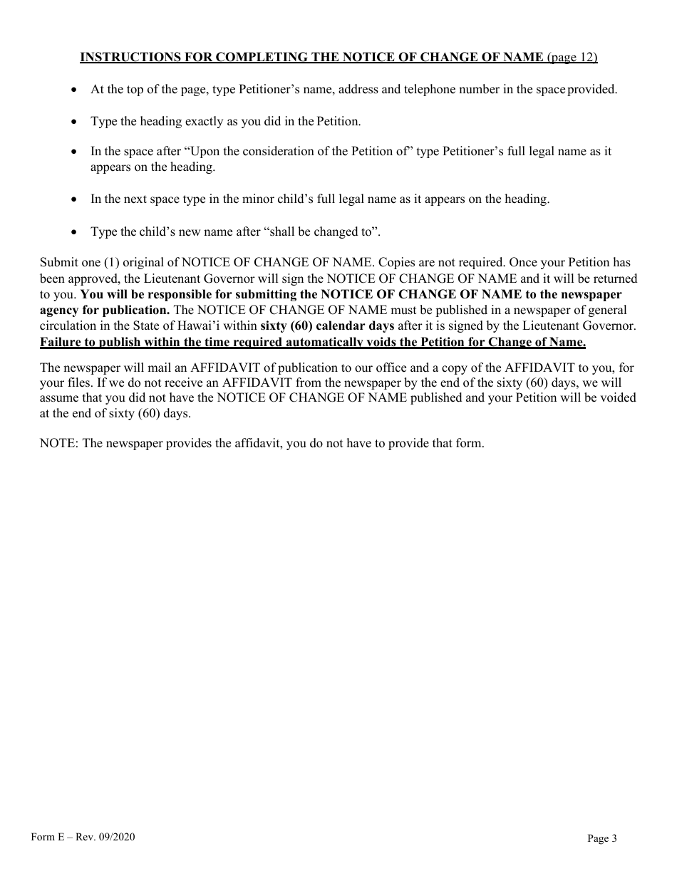 Form E Name Change of a Minor by One Parent With the Notarized Consent of the Other Parent - Hawaii, Page 3