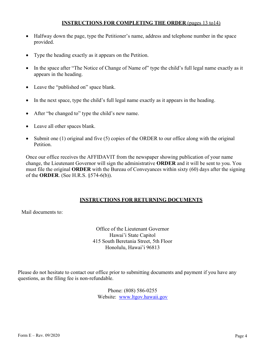 Form E Name Change of a Minor by One Parent With the Notarized Consent of the Other Parent - Hawaii, Page 4