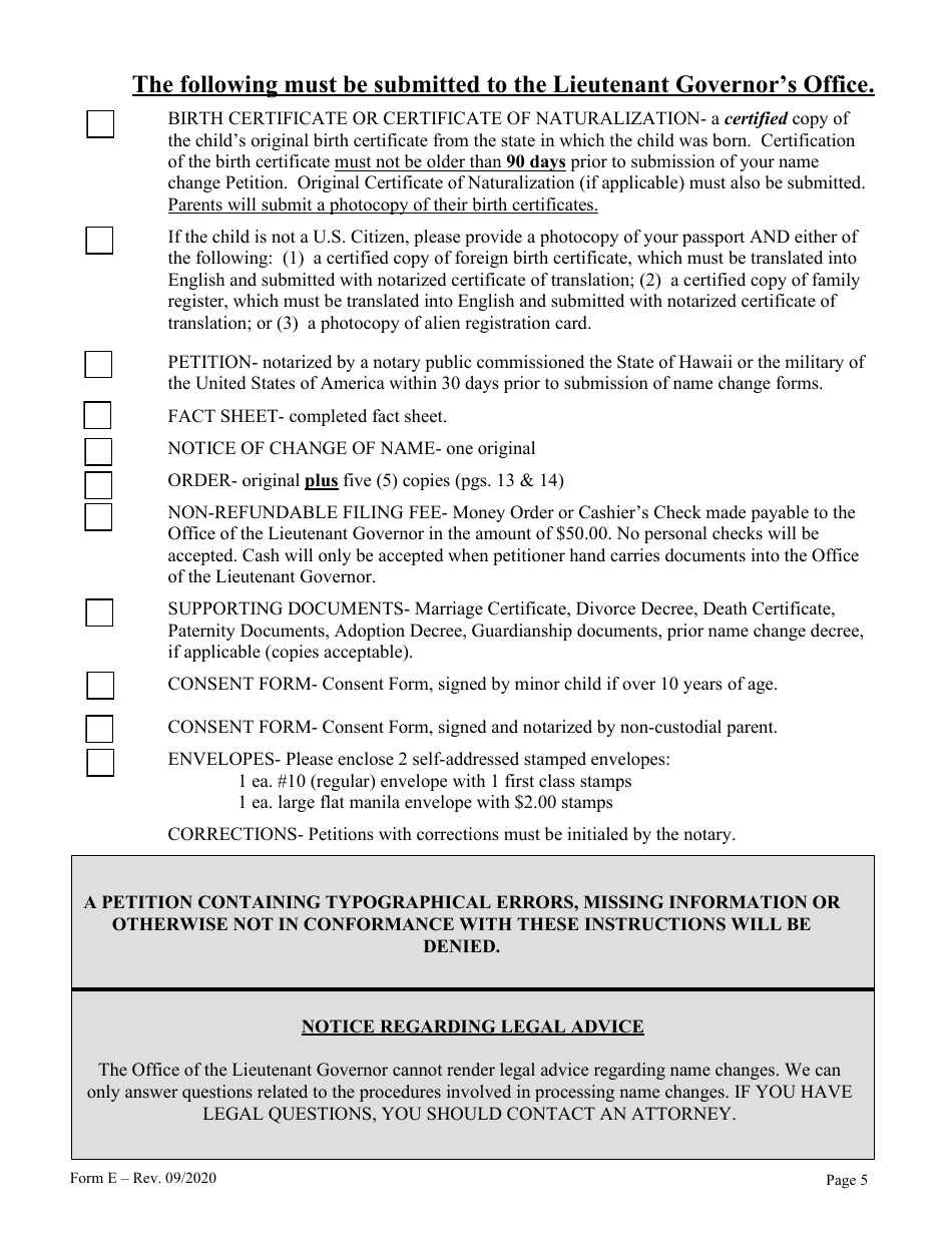 Form E Name Change of a Minor by One Parent With the Notarized Consent of the Other Parent - Hawaii, Page 5