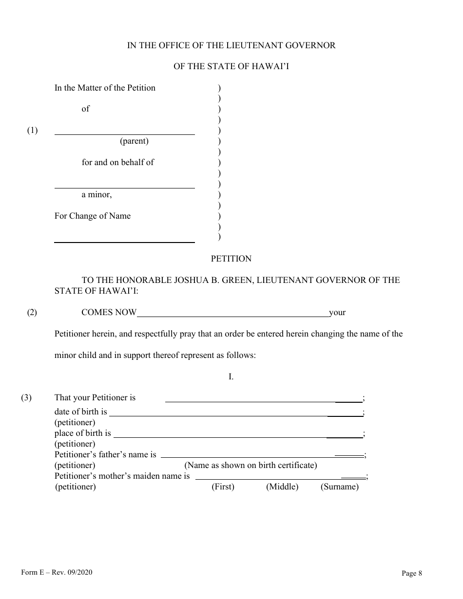Form E Name Change of a Minor by One Parent With the Notarized Consent of the Other Parent - Hawaii, Page 8