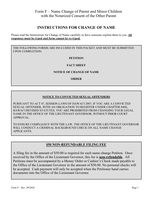 Form F Name Change of Parent and Minor Children With the Notarized Consent of the Other Parent - Hawaii