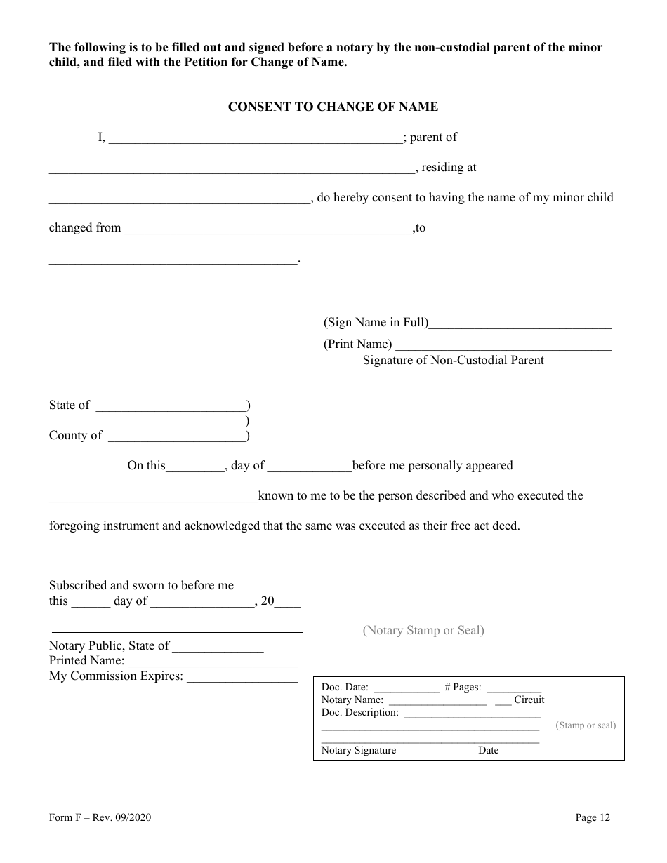 Form F Name Change of Parent and Minor Children With the Notarized Consent of the Other Parent - Hawaii, Page 12