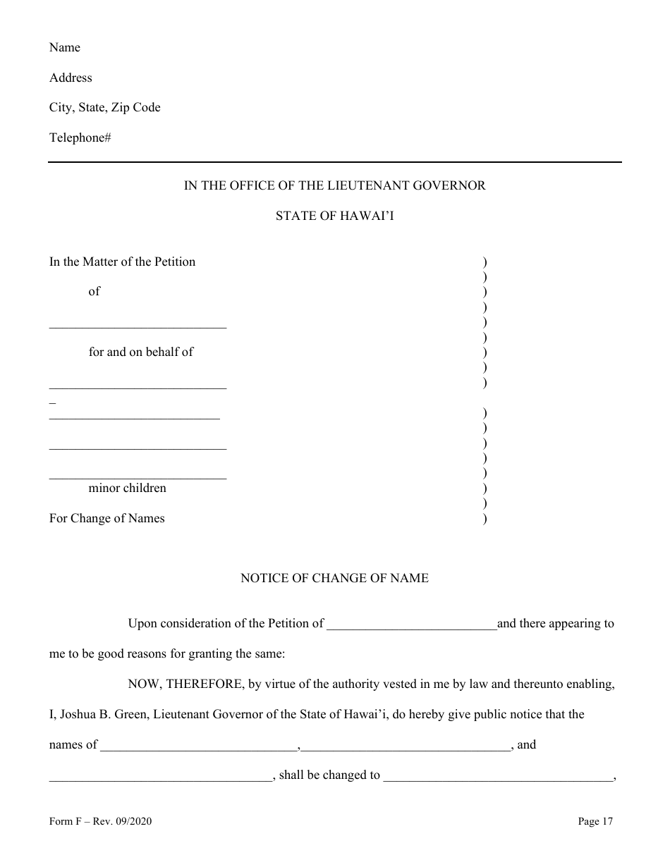 Form F Name Change of Parent and Minor Children With the Notarized Consent of the Other Parent - Hawaii, Page 17