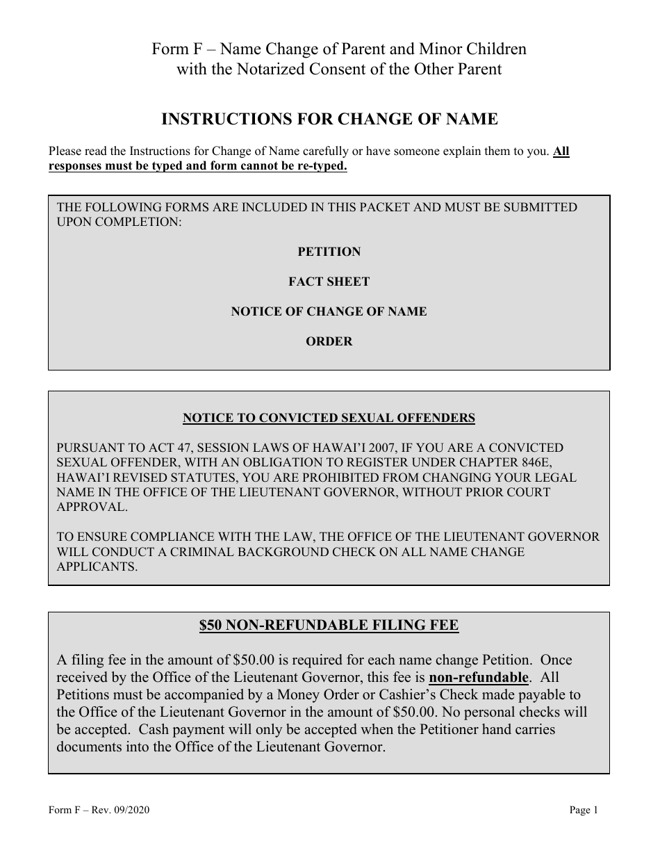 Form F Name Change of Parent and Minor Children With the Notarized Consent of the Other Parent - Hawaii, Page 1