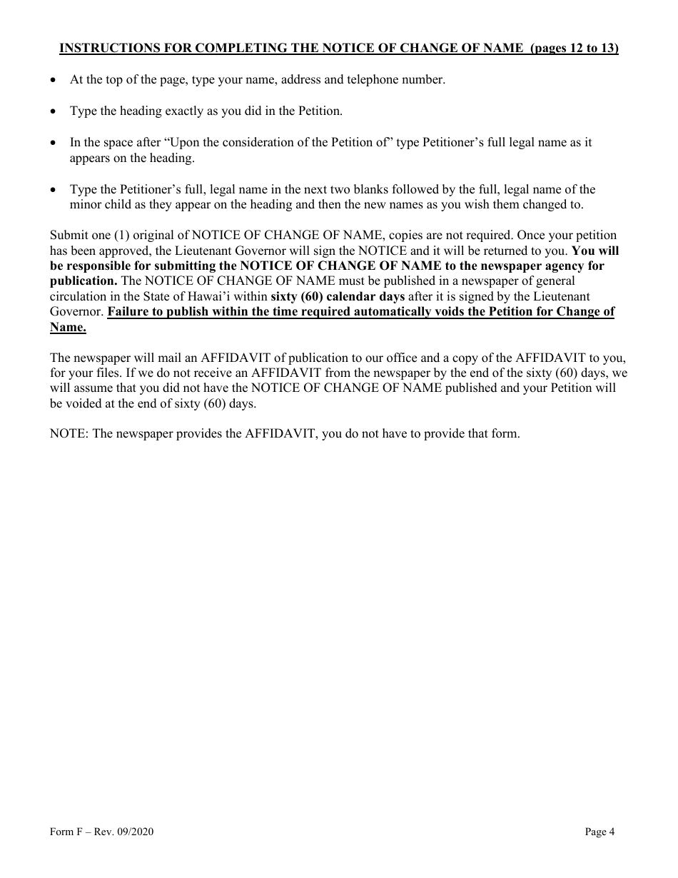 Form F Name Change of Parent and Minor Children With the Notarized Consent of the Other Parent - Hawaii, Page 4