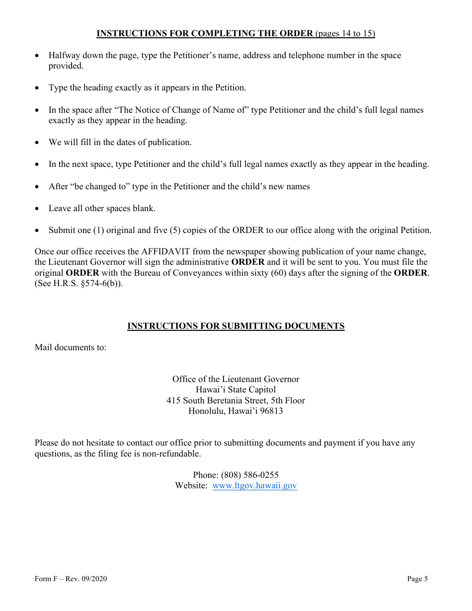 Form F Name Change of Parent and Minor Children With the Notarized Consent of the Other Parent - Hawaii, Page 5