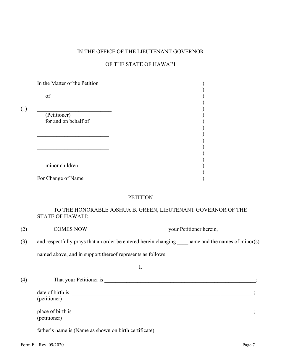 Form F Name Change of Parent and Minor Children With the Notarized Consent of the Other Parent - Hawaii, Page 7