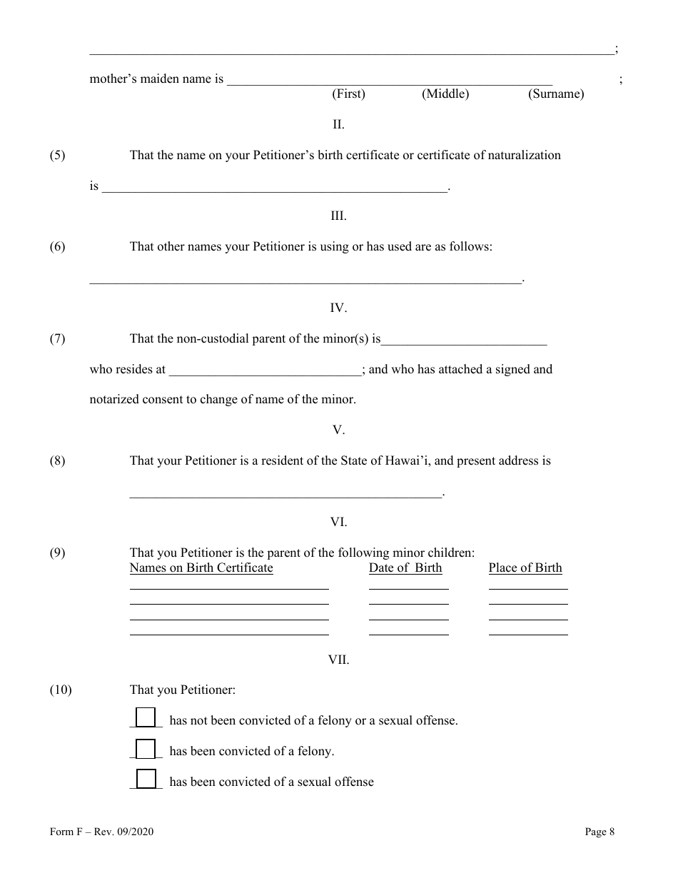 Form F Name Change of Parent and Minor Children With the Notarized Consent of the Other Parent - Hawaii, Page 8