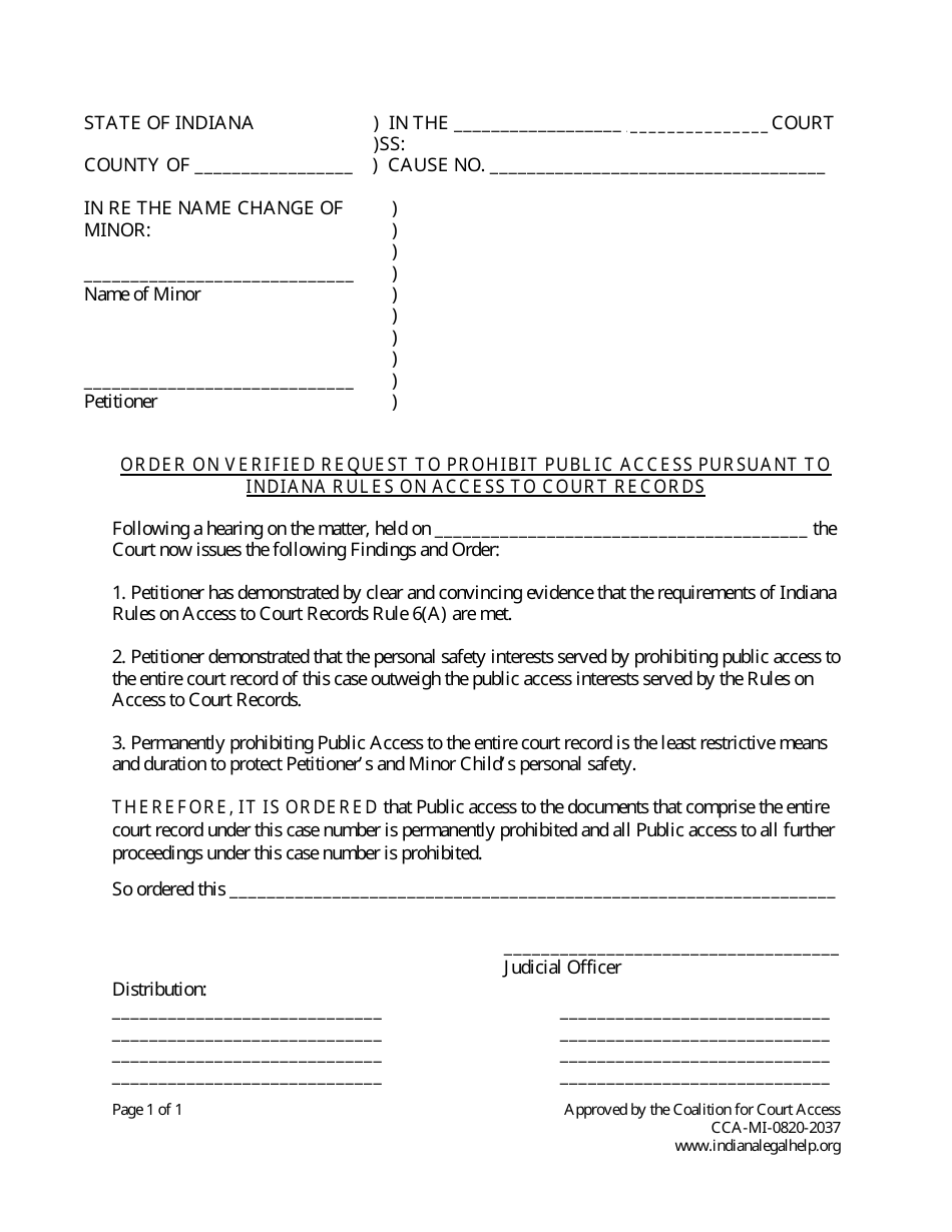 Indiana Minor Child Name Change With Consent of Other Parent - Fill Out ...