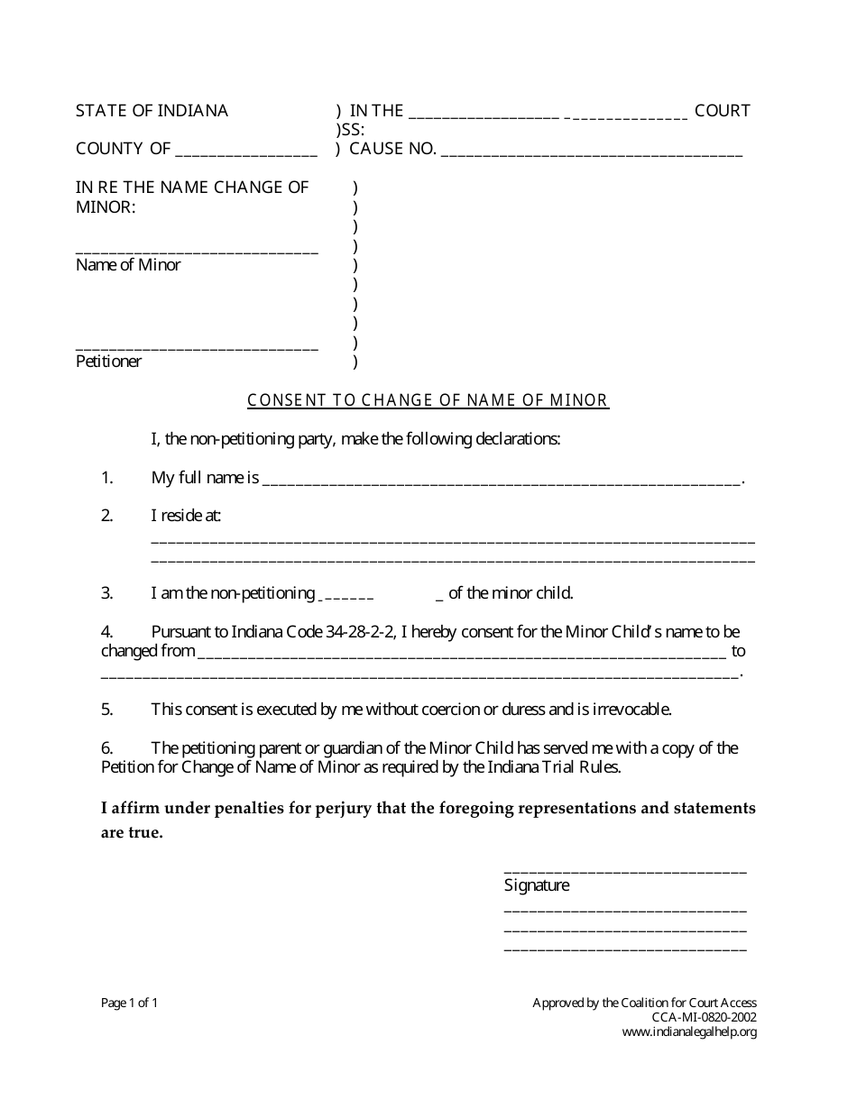 Minor Child Name Change With Consent of Other Parent - Indiana, Page 3