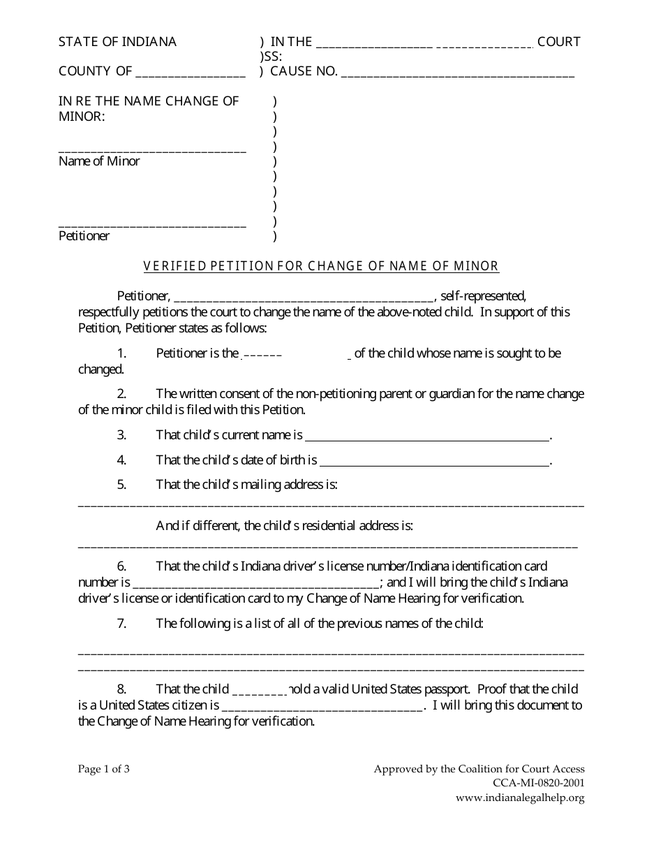 Indiana Minor Child Name Change With Consent of Other Parent - Fill Out ...