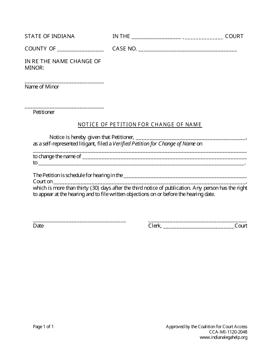 Indiana Minor Child Name Change Without Consent of Other Parent Fill Out, Sign Online and