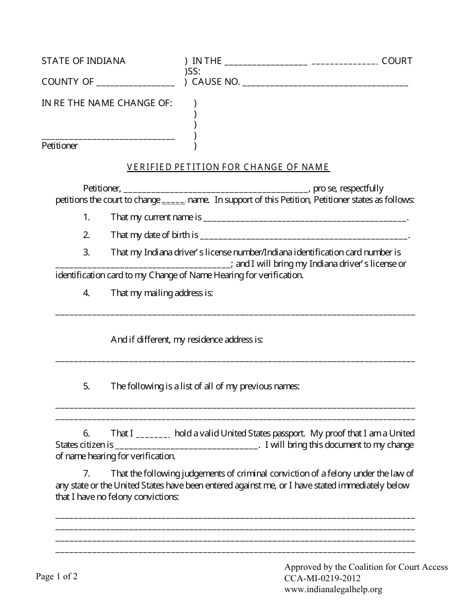 Indiana Adult Name Change Form - Fill Out, Sign Online and Download PDF ...