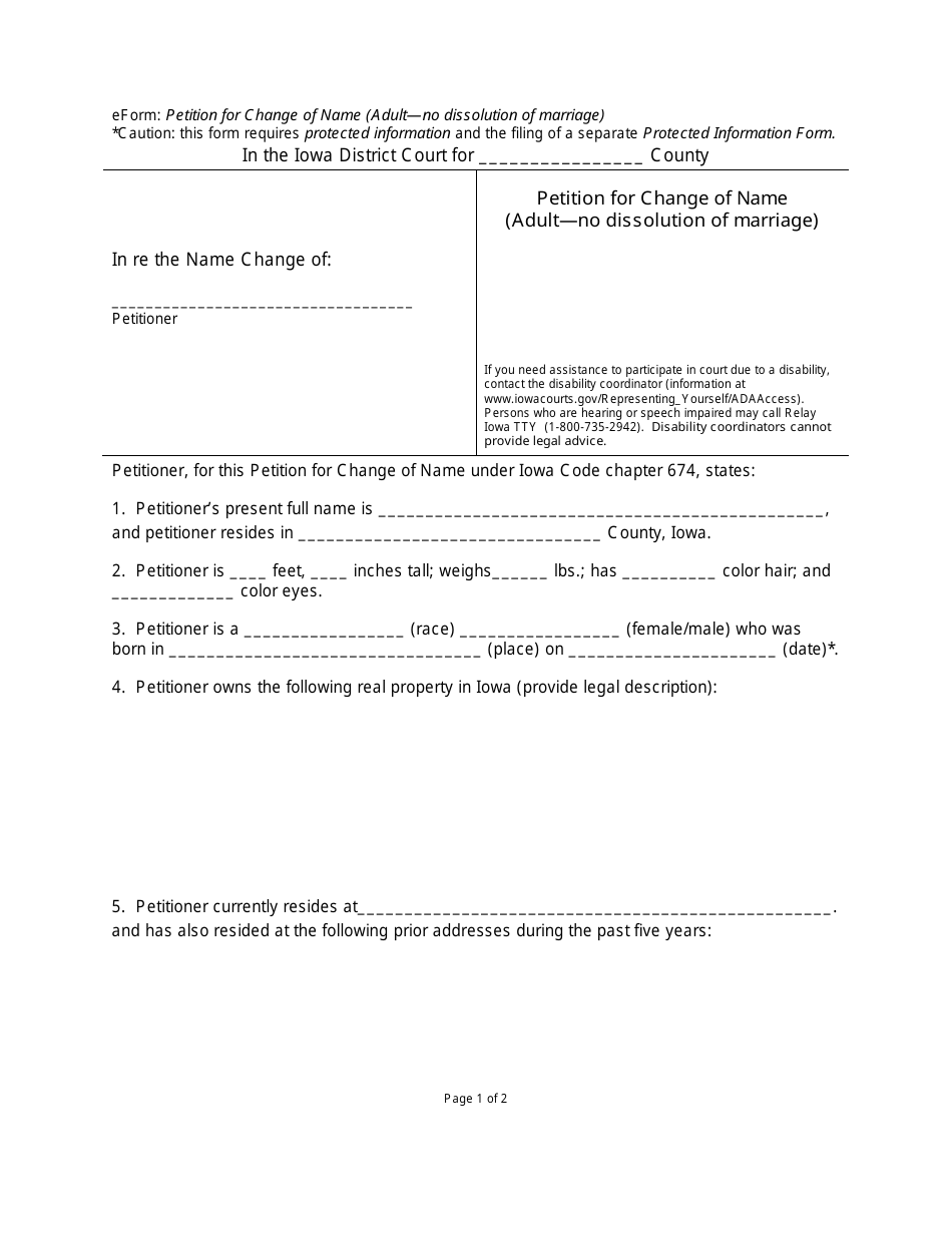Petition for Change of Name (Adult - No Dissolution of Marriage) - Iowa, Page 1