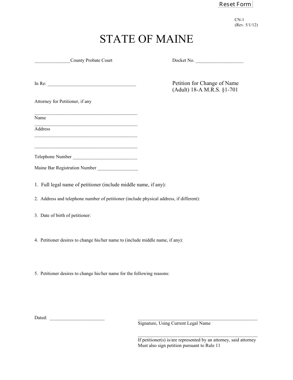 Form CN-1 Petition for Change of Name (Adult) - Maine, Page 1