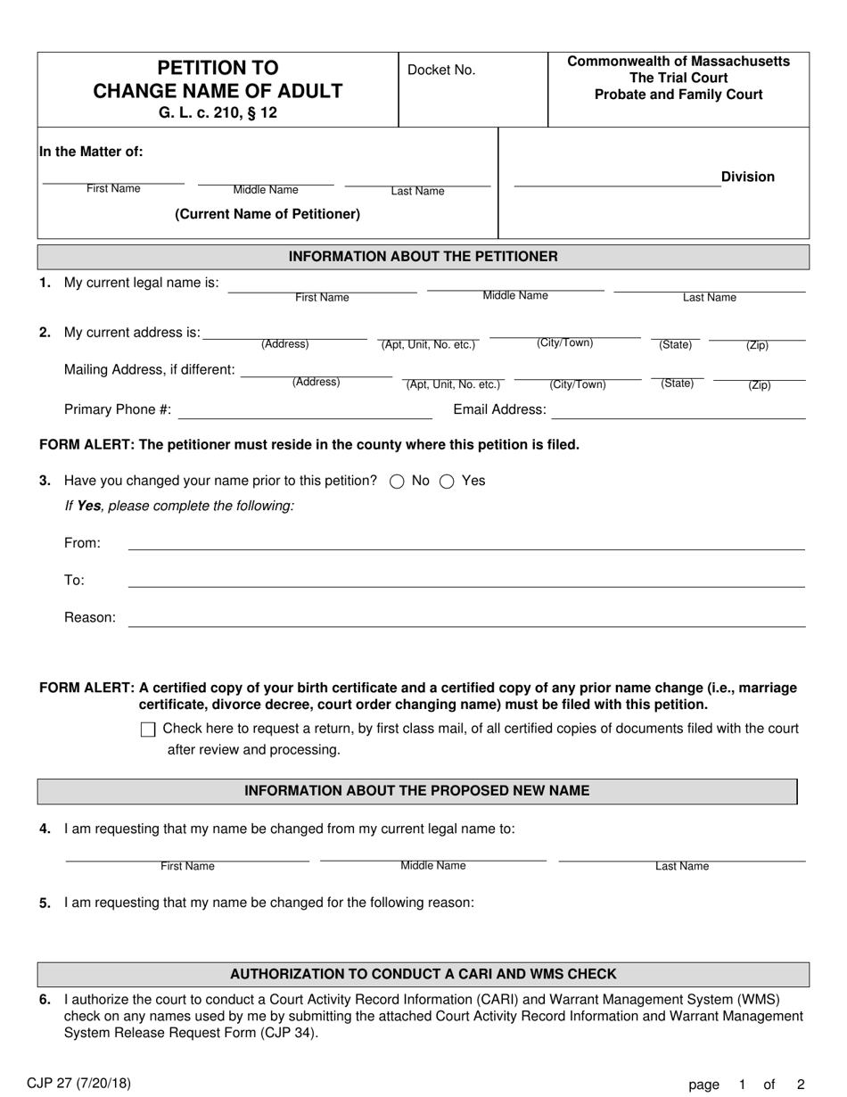 Form CJP27 Petition to Change Name of Adult - Massachusetts, Page 1
