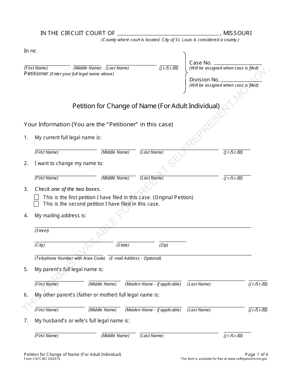 Form CAFC401 Petition for Change of Name (For Adult Individual) - Missouri, Page 1