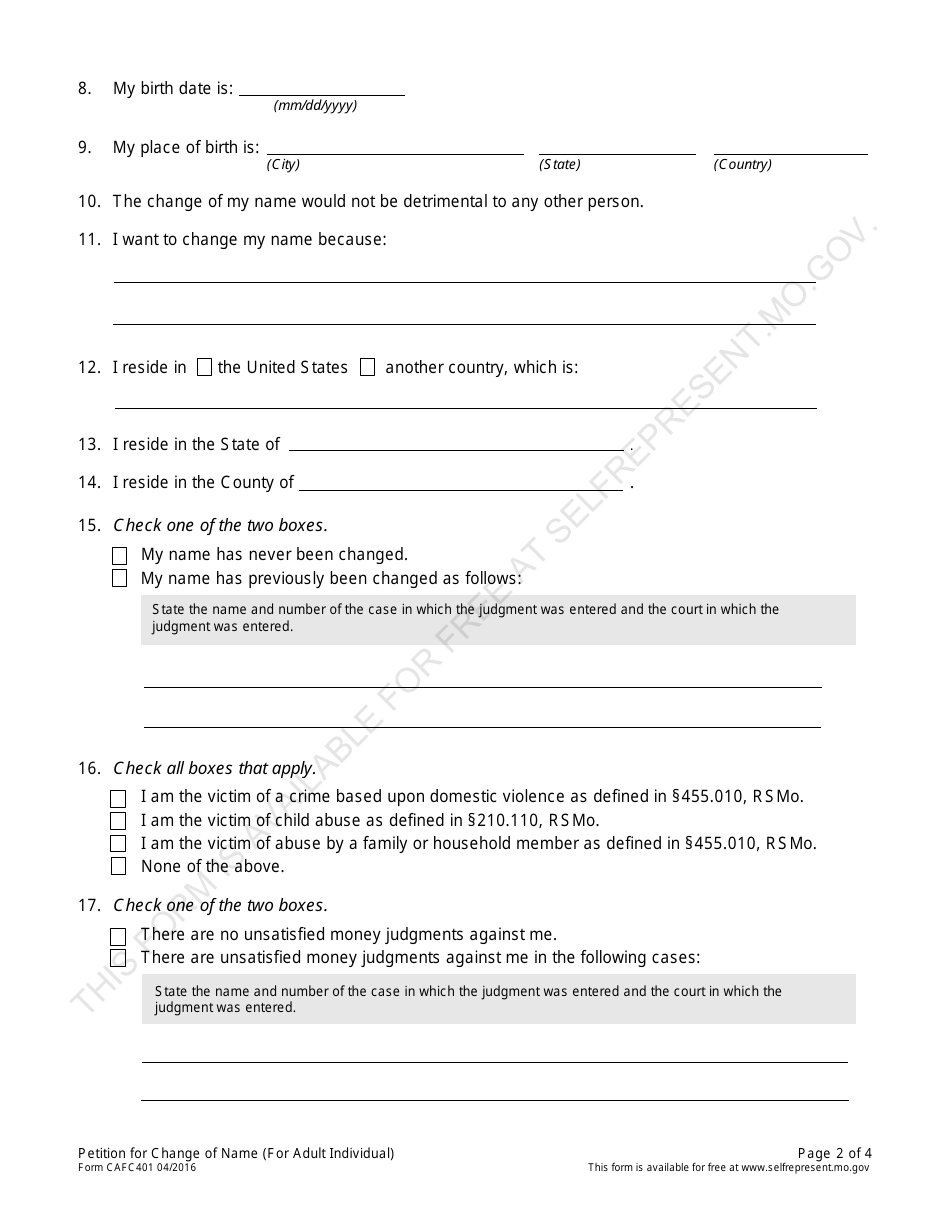 Form CAFC401 Petition for Change of Name (For Adult Individual) - Missouri, Page 2