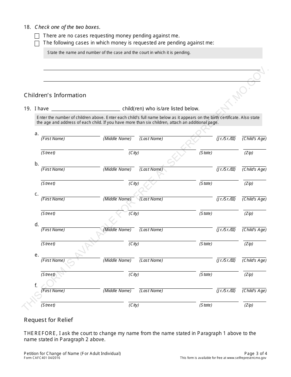 Form CAFC401 Petition for Change of Name (For Adult Individual) - Missouri, Page 3