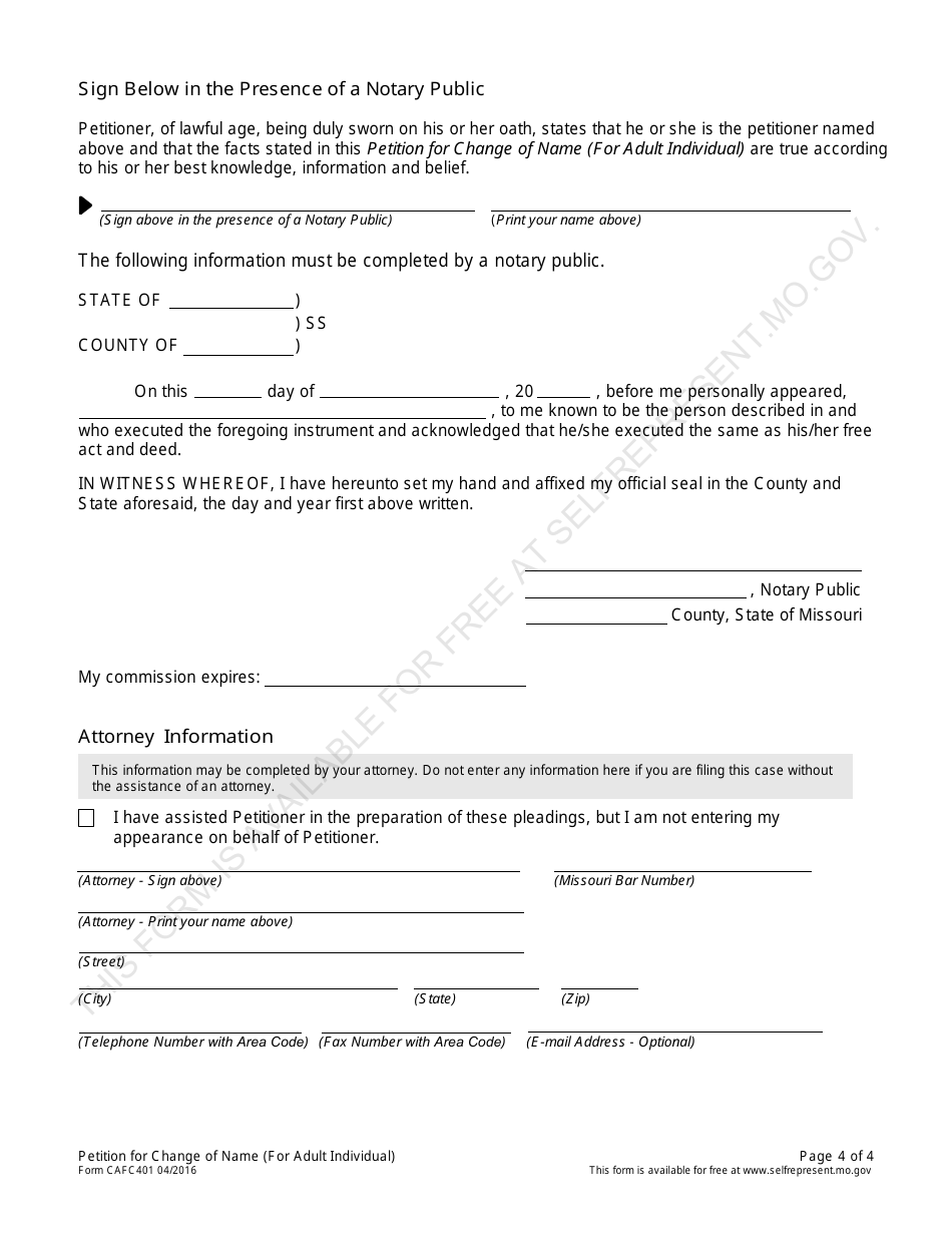 Form CAFC401 Petition for Change of Name (For Adult Individual) - Missouri, Page 4